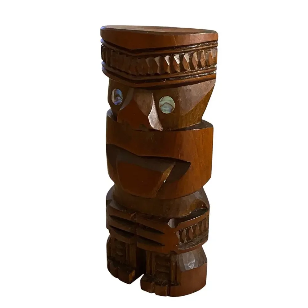 Vintage Maori Teko Wood Carved Tiki Figure New Zealand Abalone Eyes 5